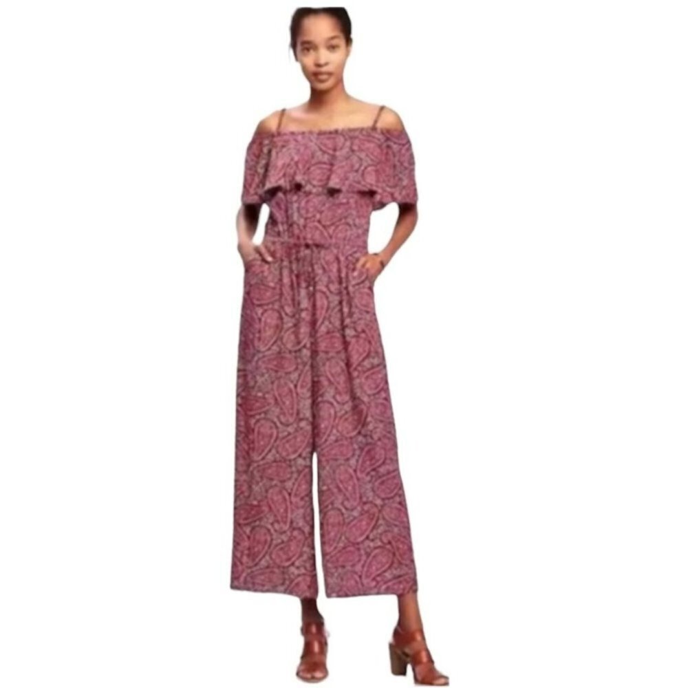 Old Navy Burgundy combo paisley jumpsuit off shoulder ruffle Rayon  SP